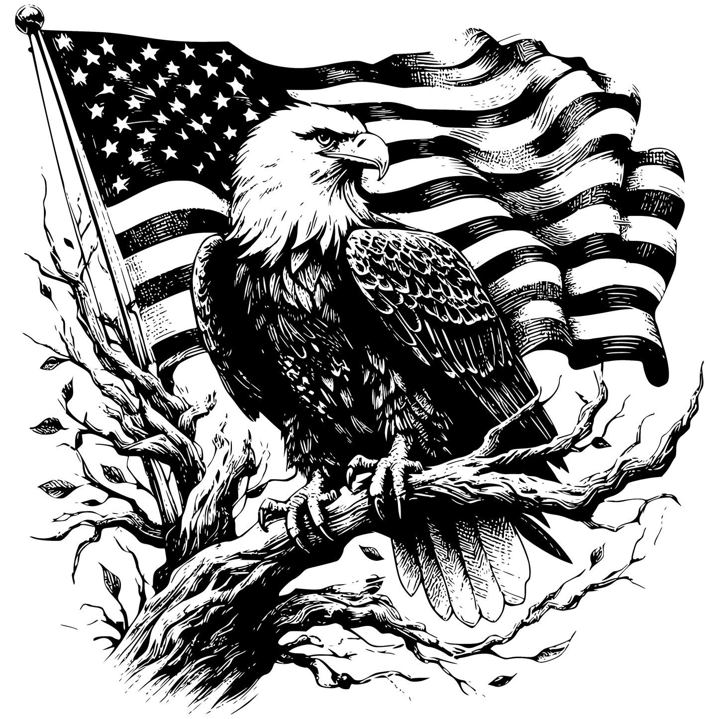 Bald Eagle on Branch with American Flag Design