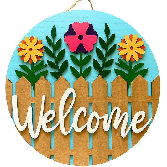 Floral Fence Welcome Door Hanger Sign
